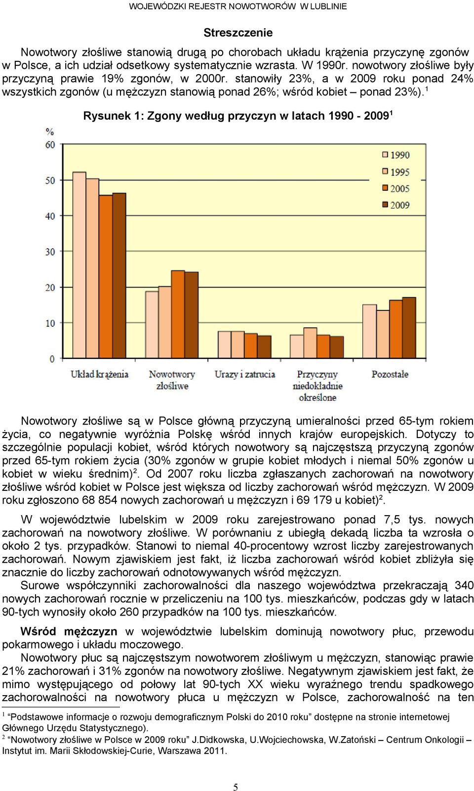 Rysunek : Zgony według przyczyn w latach - Nowotwory złośliwe są w Polsce główną przyczyną umieralności przed -tym rokiem życia, co negatywnie wyróżnia Polskę wśród innych krajów europejskich.