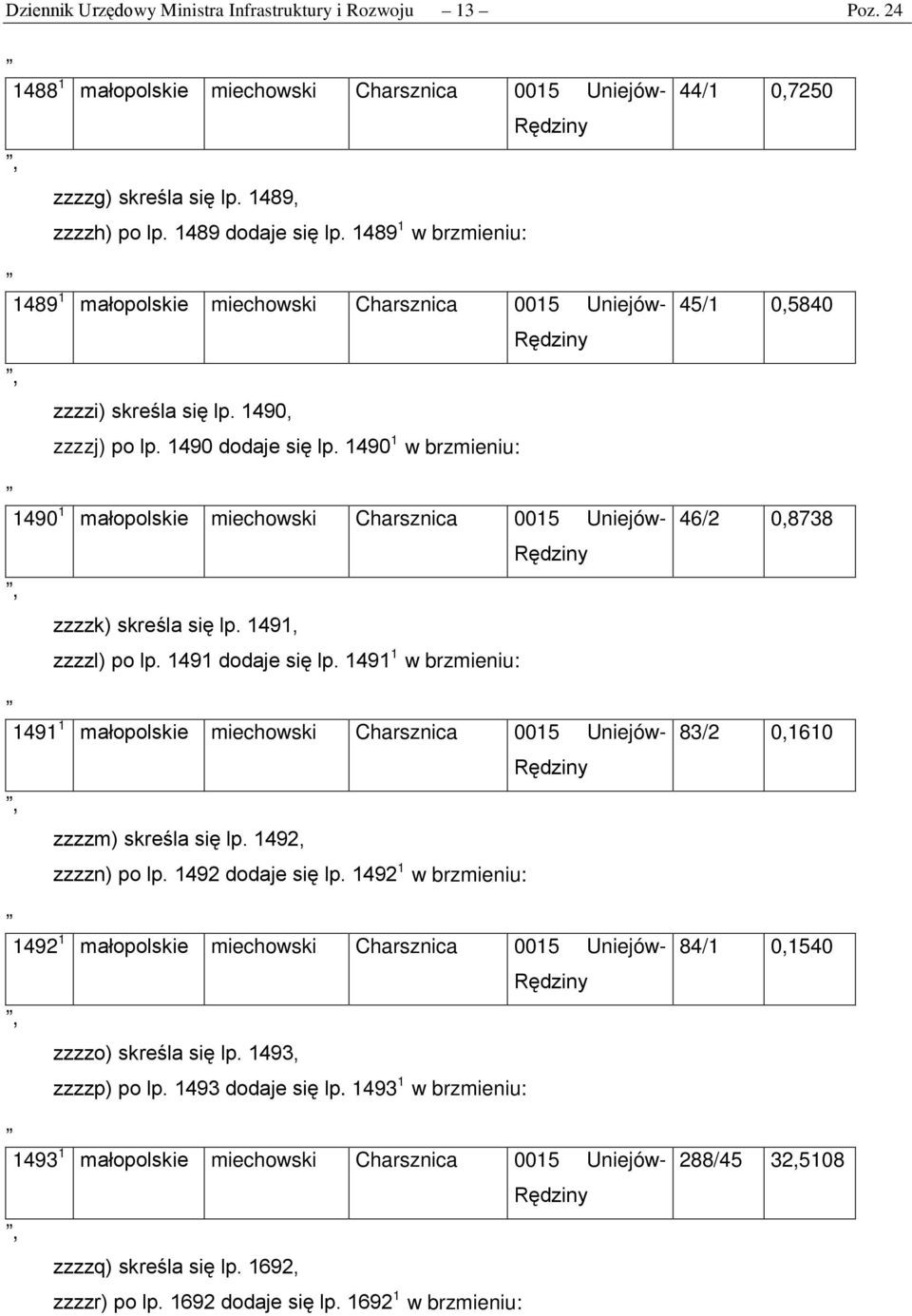 1490 1 w brzmieniu: 1490 1 małopolskie miechowski 0015 Uniejów- zzzzk) skreśla się lp. 1491, zzzzl) po lp. 1491 dodaje się lp.