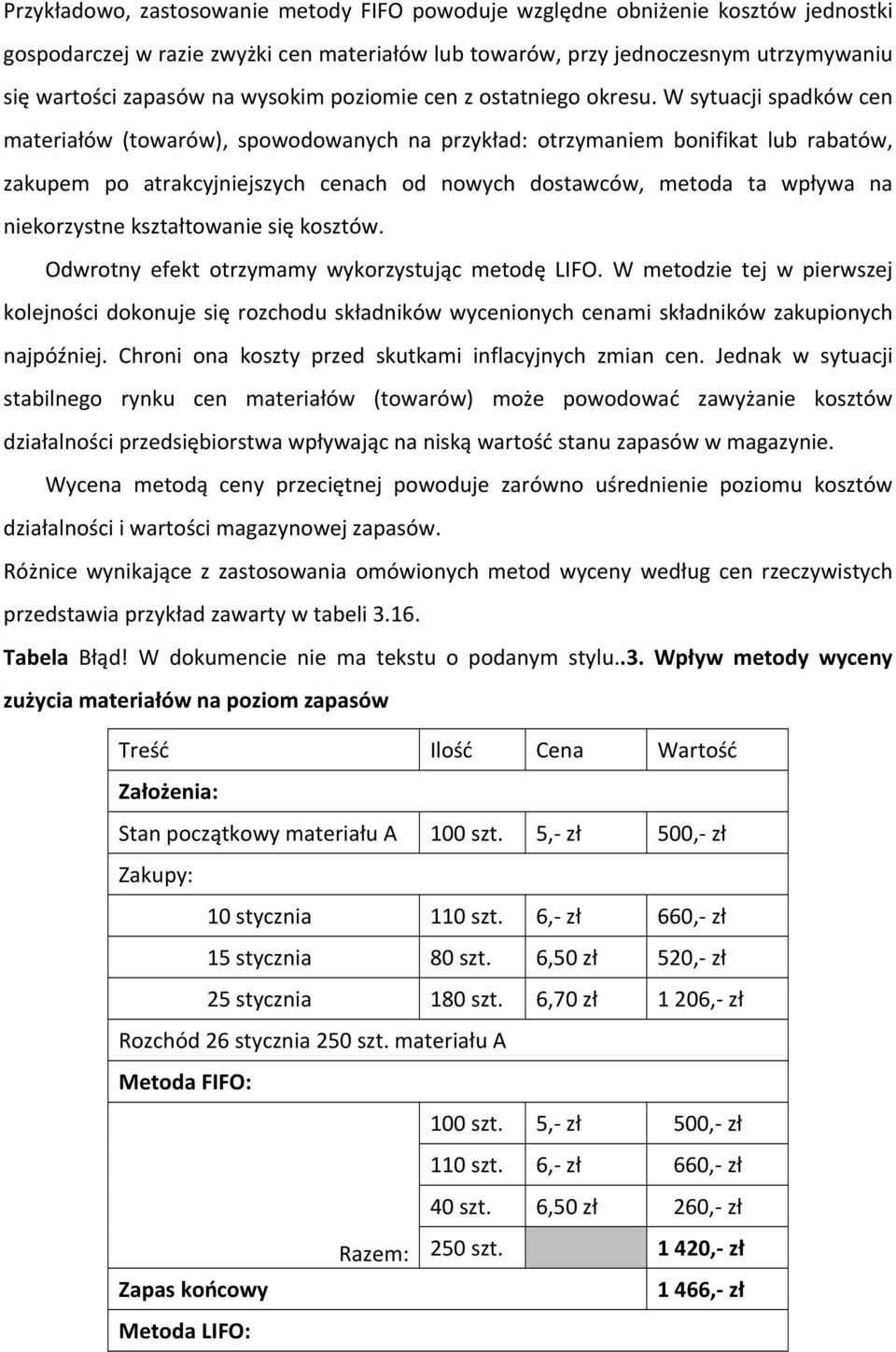 W sytuacji spadków cen materiałów (towarów), spowodowanych na przykład: otrzymaniem bonifikat lub rabatów, zakupem po atrakcyjniejszych cenach od nowych dostawców, metoda ta wpływa na niekorzystne