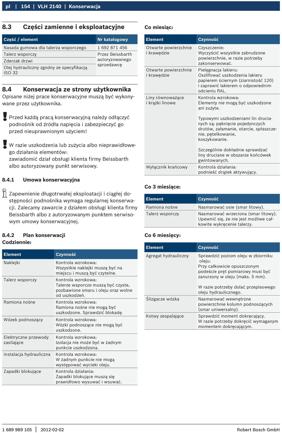 hydrauliczny zgodny ze specyfikacją ISO 32 8.4 Konserwacja ze strony użytkownika Opisane niżej prace konserwacyjne muszą być wykonywane przez użytkownika.