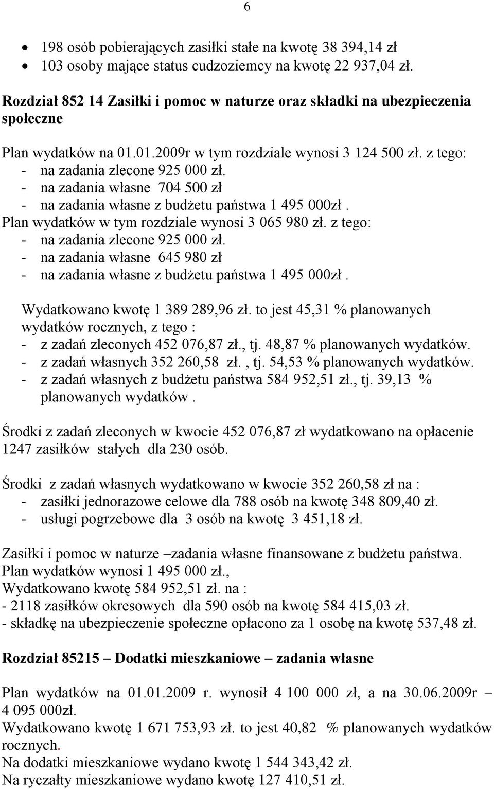 - na zadania własne 704 500 zł - na zadania własne z budżetu państwa 1 495 000zł. Plan wydatków w tym rozdziale wynosi 3 065 980 zł. z tego: - na zadania zlecone 925 000 zł.