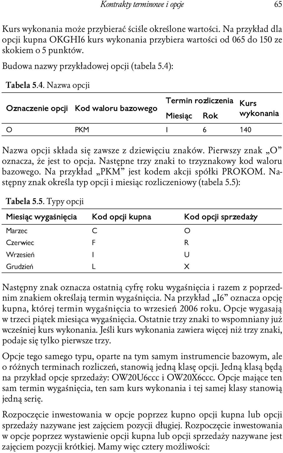 : Tabela 5.4. Nazwa opcji Termin rozliczenia Oznaczenie opcji Kod waloru bazowego Miesiąc Rok Kurs wykonania O PKM I 6 140 Nazwa opcji składa się zawsze z dziewięciu znaków.