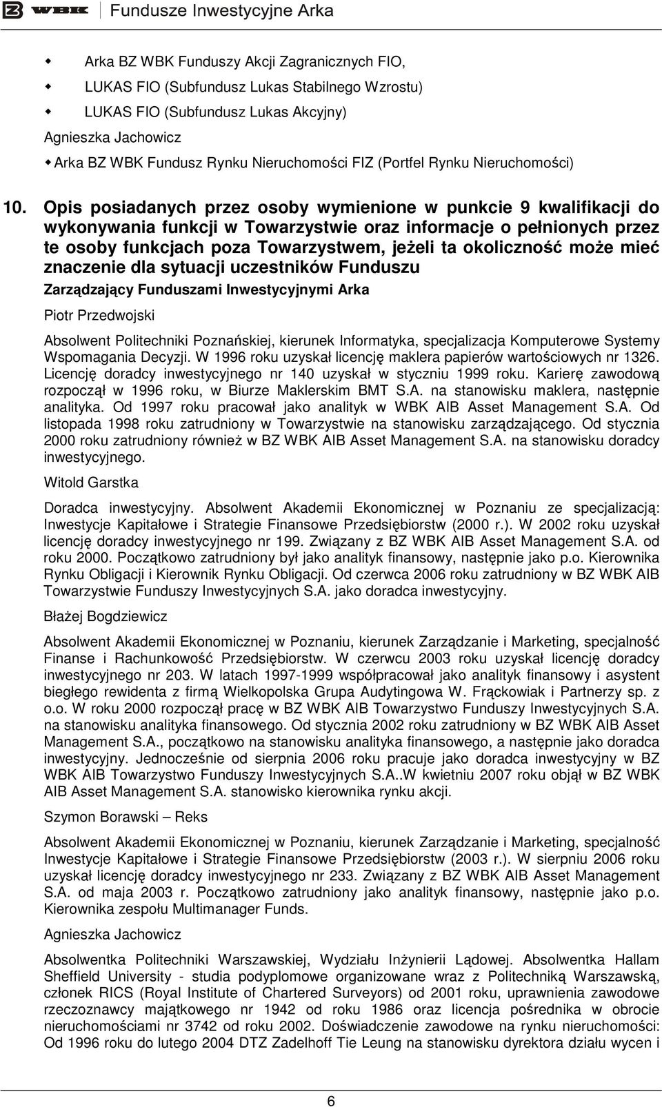 Opis posiadanych przez osoby wymienione w punkcie 9 kwalifikacji do wykonywania funkcji w Towarzystwie oraz informacje o pełnionych przez te osoby funkcjach poza Towarzystwem, jeŝeli ta okoliczność