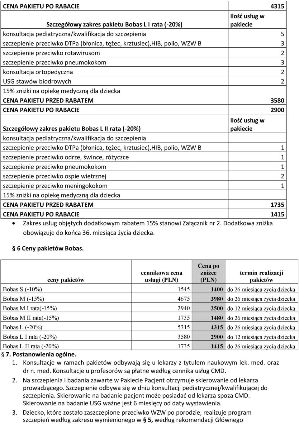 Szczegółowy zakres pakietu Bobas L II rata (-20%) konsultacja pediatryczna/kwalifikacja do szczepienia szczepienie przeciwko DTPa (błonica, tężec, krztusiec),hib, polio, WZW B 1 szczepienie przeciwko