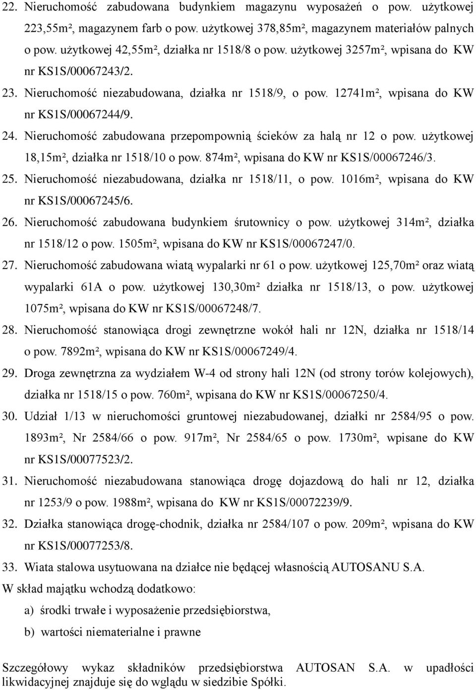 Nieruchomość zabudowana przepompownią ścieków za halą nr 12 o pow. użytkowej 18,15m², działka nr 1518/10 o pow. 874m², wpisana do KW nr KS1S/00067246/3. 25.