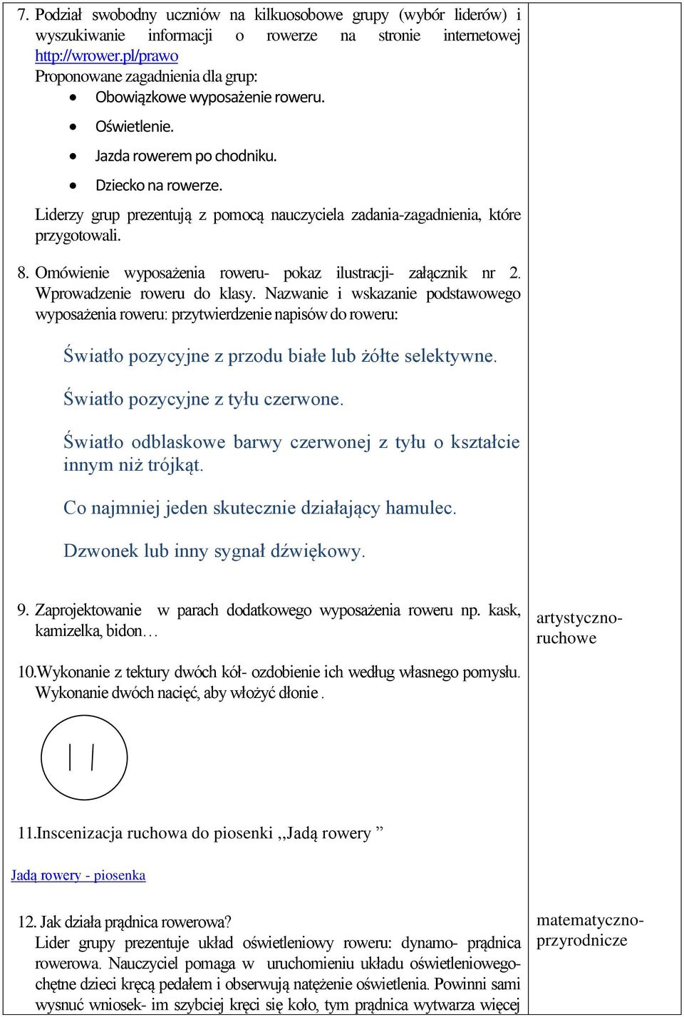 Liderzy grup prezentują z pomocą nauczyciela zadania-zagadnienia, które przygotowali. 8. Omówienie wyposażenia roweru- pokaz ilustracji- załącznik nr 2. Wprowadzenie roweru do klasy.