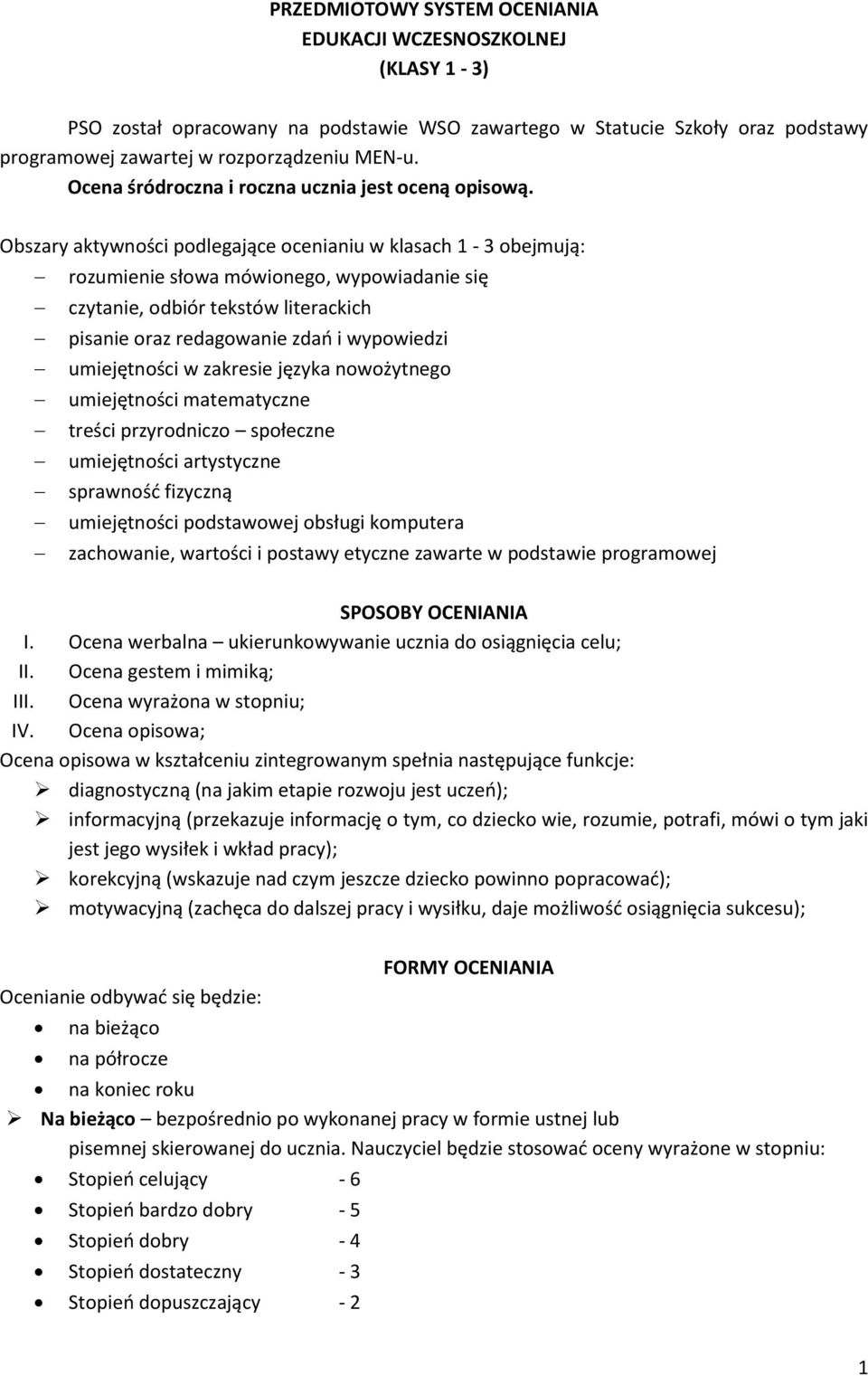 Obszary aktywności podlegające ocenianiu w klasach 1-3 obejmują: rozumienie słowa mówionego, wypowiadanie się czytanie, odbiór tekstów literackich pisanie oraz redagowanie zdań i wypowiedzi