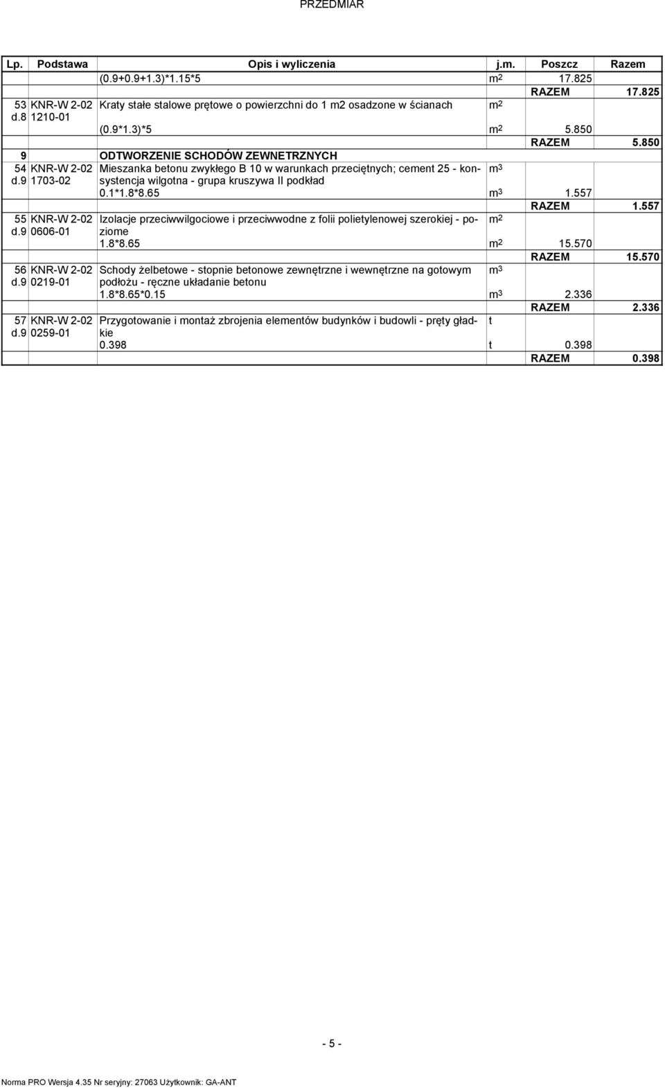 1*1.8*8.65 3 1.557 RAZEM 1.557 55 KNR-W 2-02 Izolacje przeciwwilgociowe i przeciwwodne z folii polietylenowej szerokiej - pozioe d.9 0606-01 1.8*8.65 15.570 RAZEM 15.