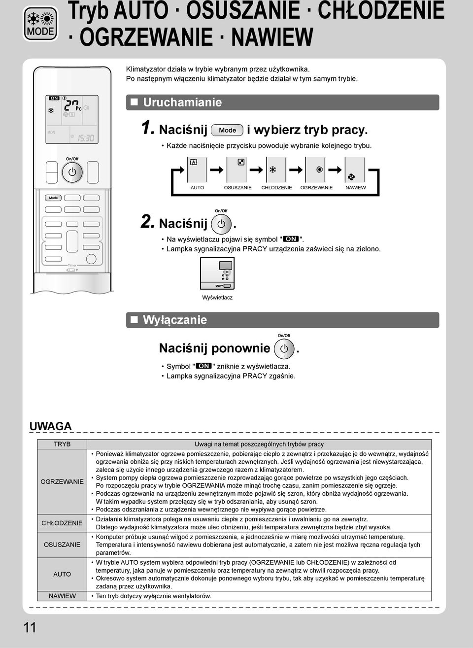 Lampka sygnalizacyjna PRACY urządzenia zaświeci się na zielono. Wyświetlacz Wyłączanie Naciśnij ponownie. Symbol " " zniknie z wyświetlacza. Lampka sygnalizacyjna PRACY zgaśnie.