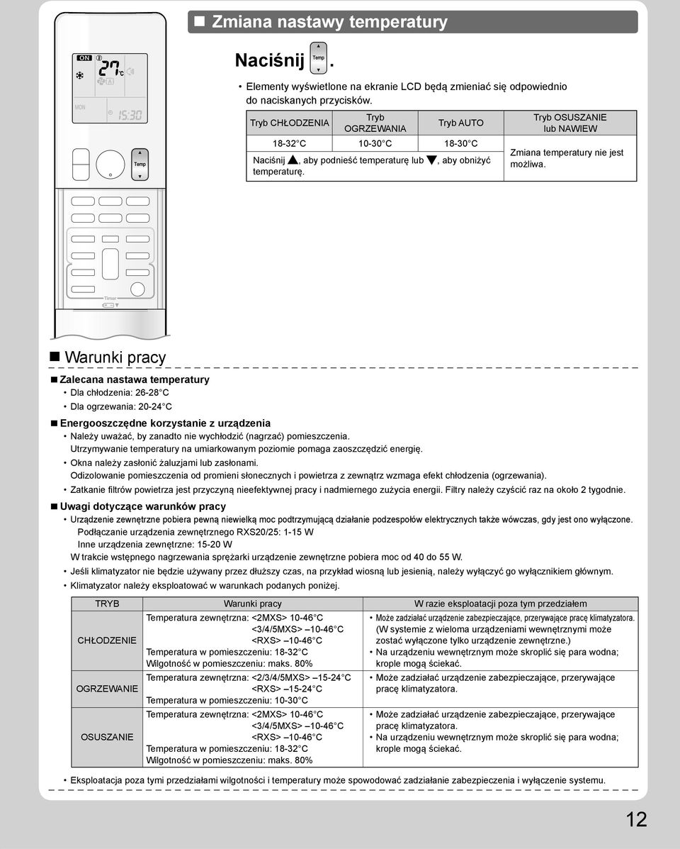 Warunki pracy Zalecana nastawa temperatury Dla chłodzenia: 26-28 C Dla ogrzewania: 20-24 C Energooszczędne korzystanie z urządzenia Należy uważać, by zanadto nie wychłodzić (nagrzać) pomieszczenia.