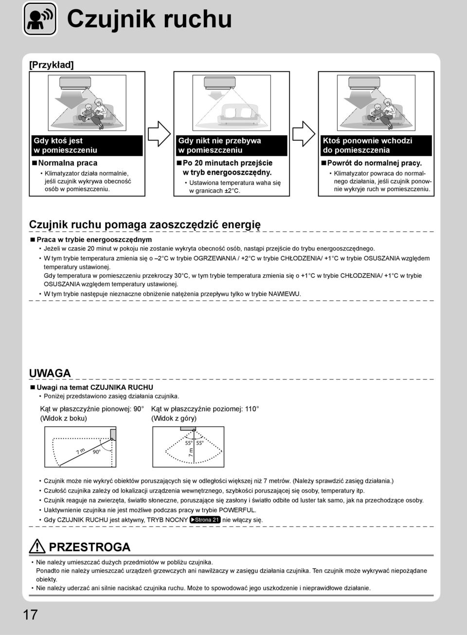 Ktoś ponownie wchodzi do pomieszczenia Powrót do normalnej pracy. Klimatyzator powraca do normalnego działania, jeśli czujnik ponownie wykryje ruch w pomieszczeniu.