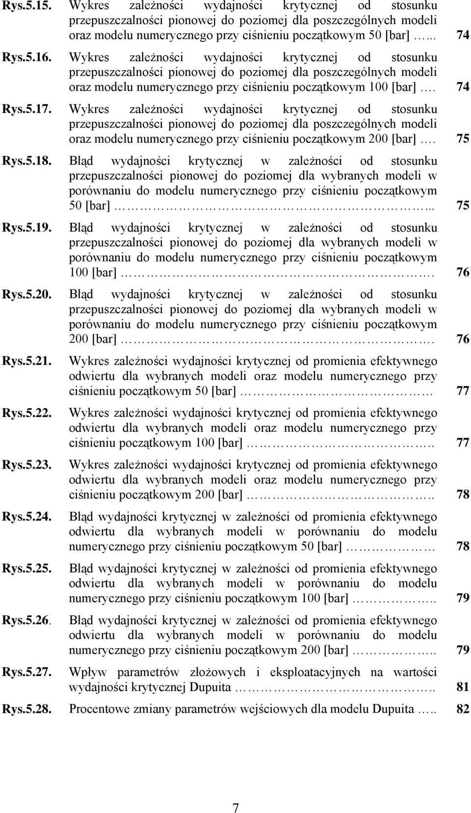 Wykres zależności wydajności krytycznej od stosunku przepuszczalności pionowej do poziomej dla poszczególnych modeli oraz modelu numerycznego przy ciśnieniu początkowym 200 [bar]. 75 Rys.5.18.