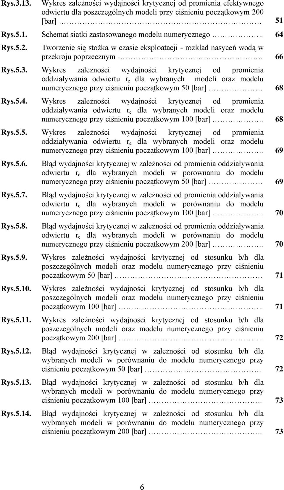 Wykres zależności wydajności krytycznej od promienia oddziaływania odwiertu r e dla wybranych modeli oraz modelu numerycznego przy ciśnieniu początkowym 50 [bar] 68 Rys.5.4.