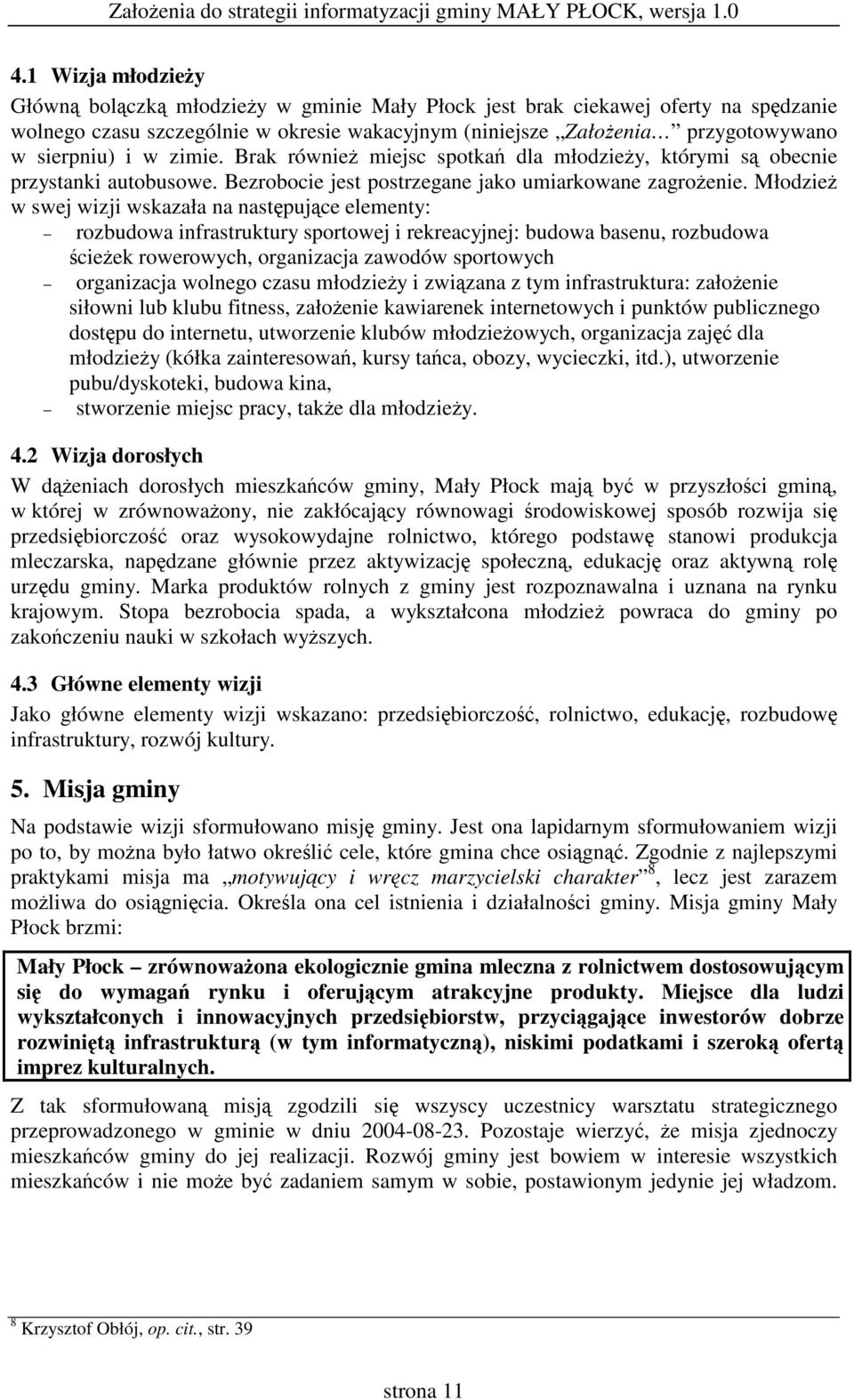 Młodzie w swej wizji wskazała na nastpujce elementy: rozbudowa infrastruktury sportowej i rekreacyjnej: budowa basenu, rozbudowa cieek rowerowych, organizacja zawodów sportowych organizacja wolnego