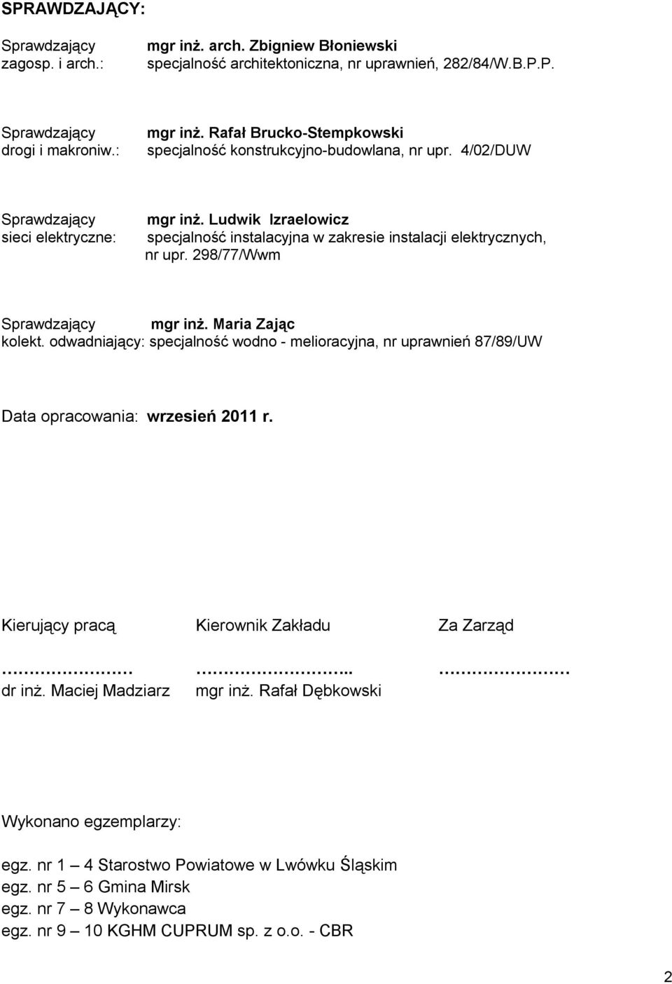 odwadniający: specjalność wodno - melioracyjna, nr uprawnień 87/89/UW Data opracowania: wrzesień 2011 r. Kierujący pracą Kierownik Zakładu Za Zarząd.. dr inż. Maciej Madziarz mgr inż.