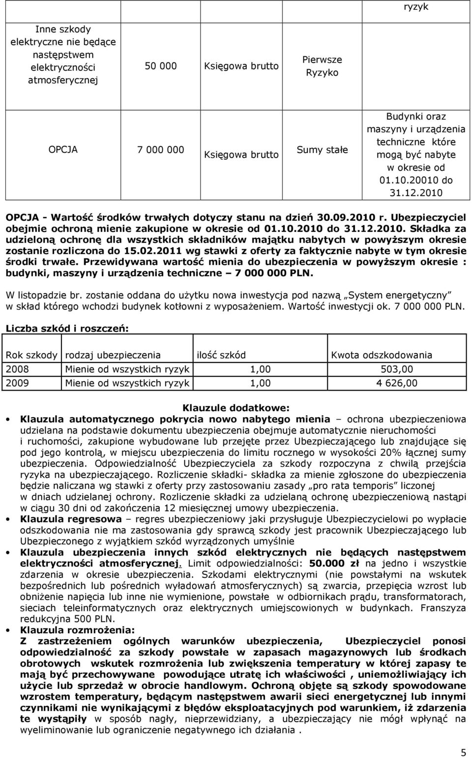 Ubezpieczyciel obejmie ochroną mienie zakupione w okresie od 01.10.2010 do 31.12.2010. Składka za udzieloną ochronę dla wszystkich składników majątku nabytych w powyŝszym okresie zostanie rozliczona do 15.