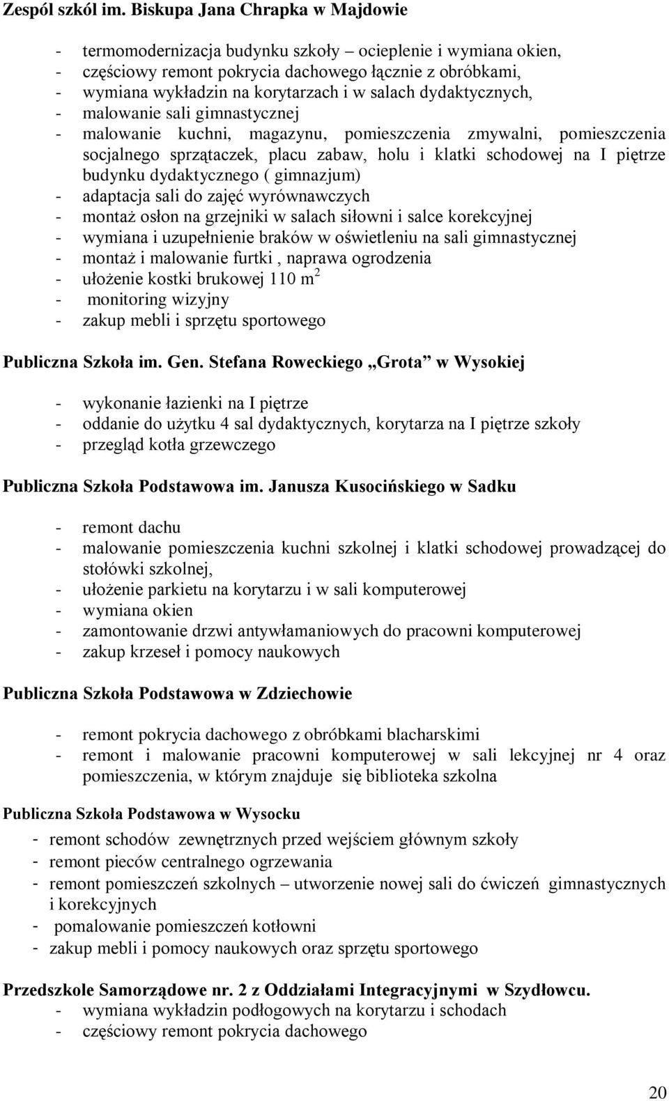 dydaktycznych, - malowanie sali gimnastycznej - malowanie kuchni, magazynu, pomieszczenia zmywalni, pomieszczenia socjalnego sprzątaczek, placu zabaw, holu i klatki schodowej na I piętrze budynku