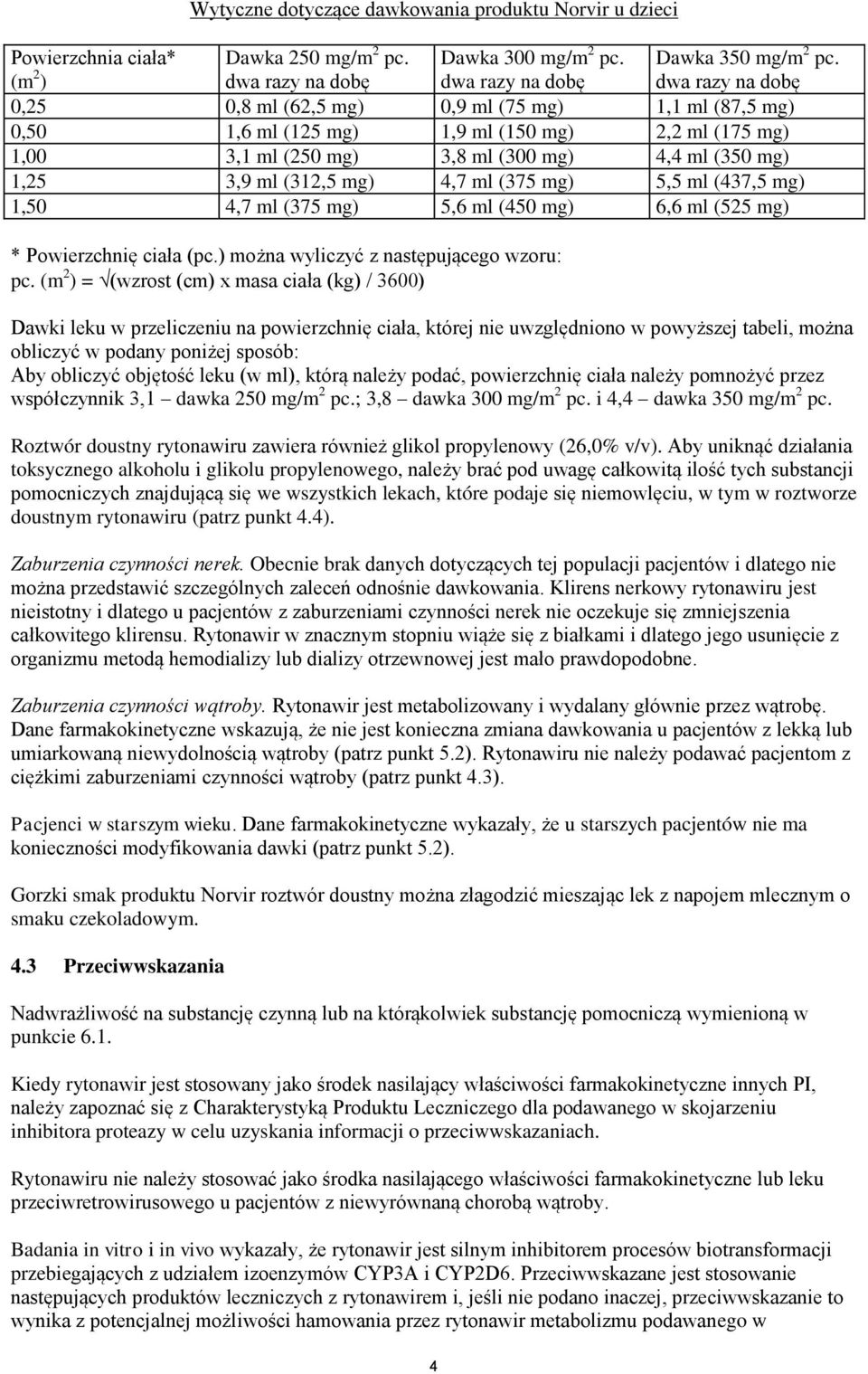 4,7 ml (375 mg) 5,5 ml (437,5 mg) 1,50 4,7 ml (375 mg) 5,6 ml (450 mg) 6,6 ml (525 mg) * Poierzchnię ciała (pc.) można yliczyć z następującego zoru: pc.