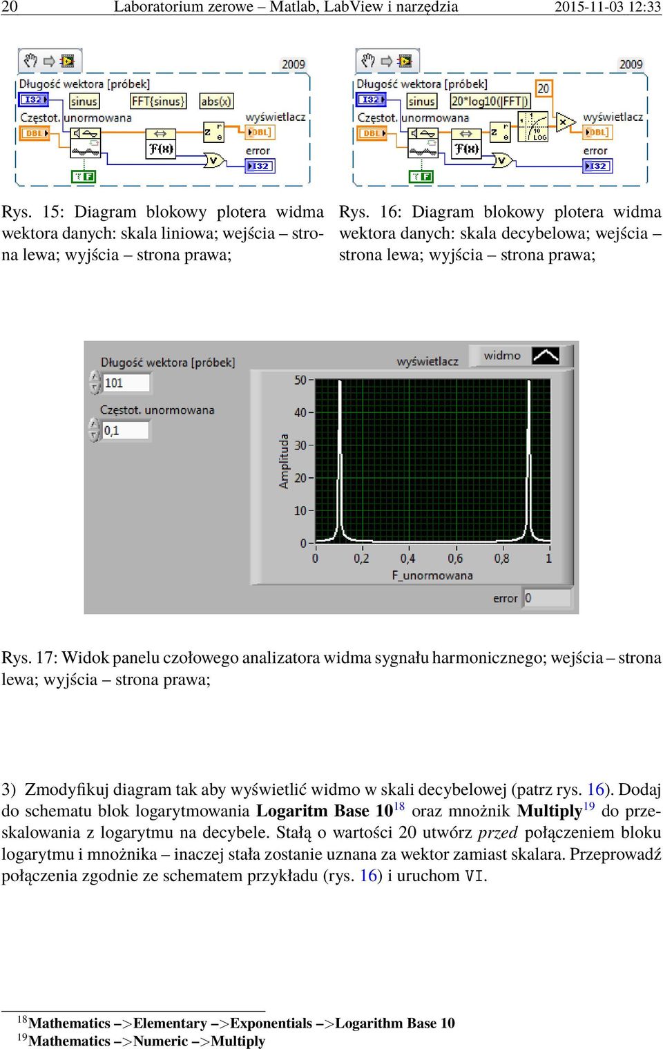 17: Widok panelu czołowego analizatora widma sygnału harmonicznego; wejścia strona lewa; wyjścia strona prawa; 3) Zmodyfikuj diagram tak aby wyświetlić widmo w skali decybelowej (patrz rys. 16).