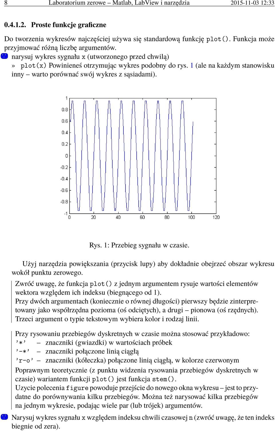 1 (ale na każdym stanowisku inny warto porównać swój wykres z sąsiadami). Rys. 1: Przebieg sygnału w czasie.