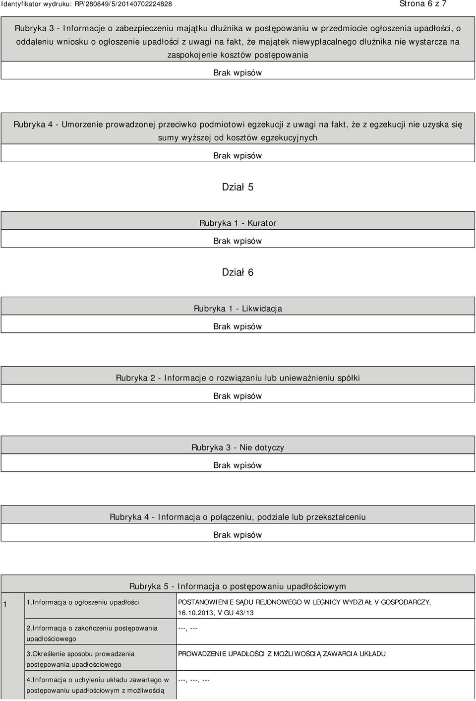 wyższej od kosztów egzekucyjnych Dział 5 Rubryka 1 - Kurator Dział 6 Rubryka 1 - Likwidacja Rubryka 2 - Informacje o rozwiązaniu lub unieważnieniu spółki Rubryka 3 - Nie dotyczy Rubryka 4 -