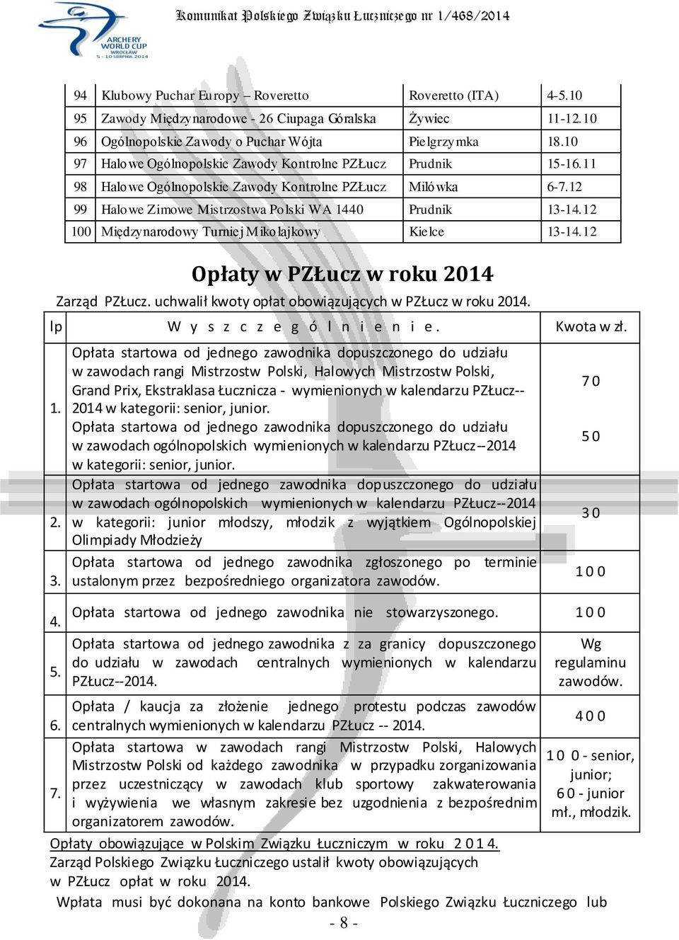 12 100 Międzynarodowy Turniej Mikołajkowy Kielce 13-14.12 Opłaty w PZŁucz w roku 2014 Zarząd PZŁucz. uchwalił kwoty opłat obowiązujących w PZŁucz w roku 2014. lp W y s z c z e g ó l n i e n i e.