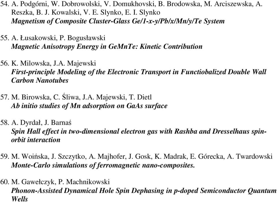 M. Birowska, C. Śliwa, J.A. Majewski, T. Dietl Ab initio studies of Mn adsorption on GaAs surface 58. A. Dyrdał, J.
