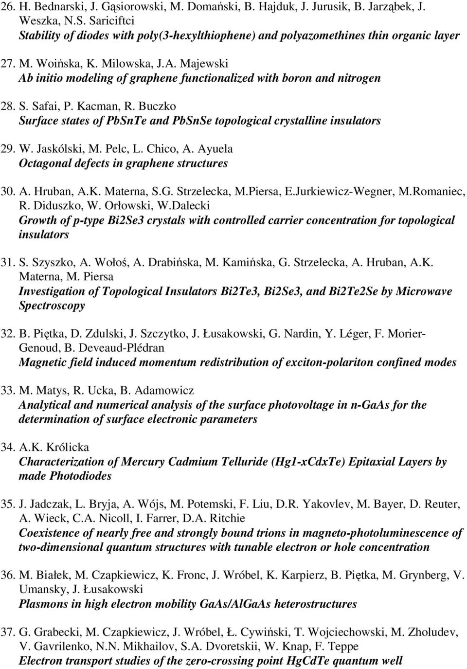 Buczko Surface states of PbSnTe and PbSnSe topological crystalline insulators 29. W. Jaskólski, M. Pelc, L. Chico, A. Ayuela Octagonal defects in graphene structures 30. A. Hruban, A.K. Materna, S.G.