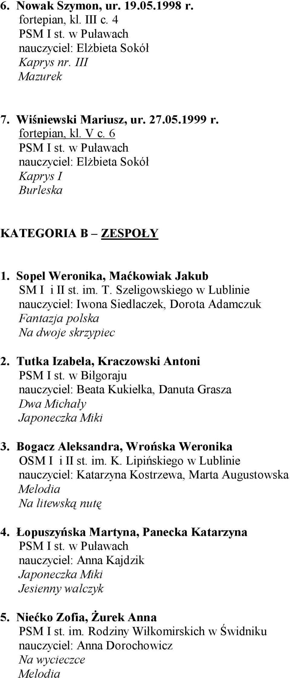 Tutka Izabela, Kraczowski Antoni PSM I st. w Biłgoraju nauczyciel: Beata Kukiełka, Danuta Grasza Dwa Michały Japoneczka Miki 3.