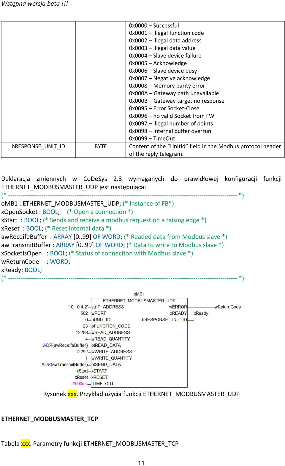 0x0098 Internal buffer overrun 0x0099 TimeOut bresponse_unit_id BYTE Content of the UnitId field in the Modbus protocol header of the reply telegram. Deklaracja zmiennych w CoDeSys 2.