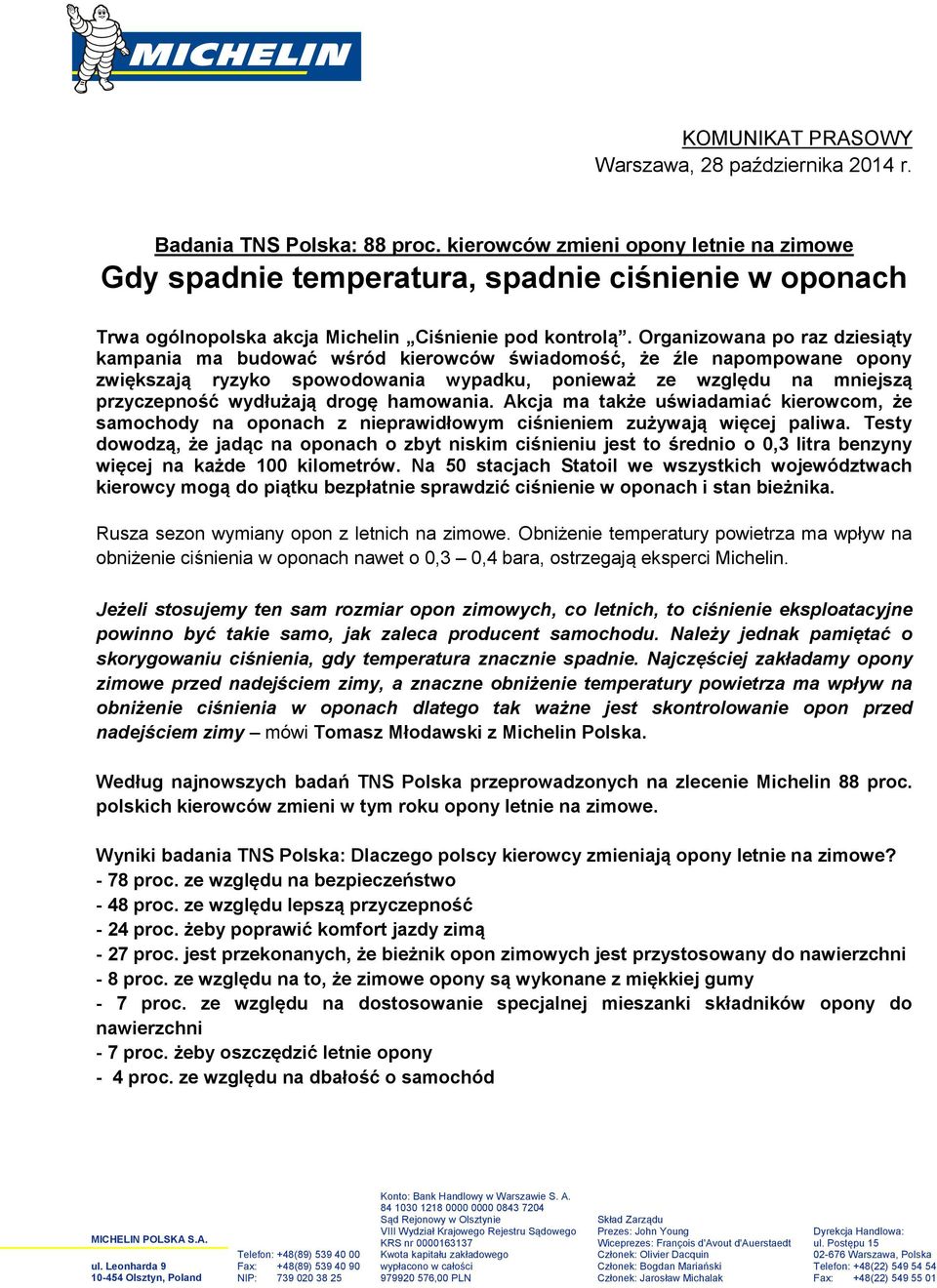 Organizowana po raz dziesiąty kampania ma budować wśród kierowców świadomość, że źle napompowane opony zwiększają ryzyko spowodowania wypadku, ponieważ ze względu na mniejszą przyczepność wydłużają