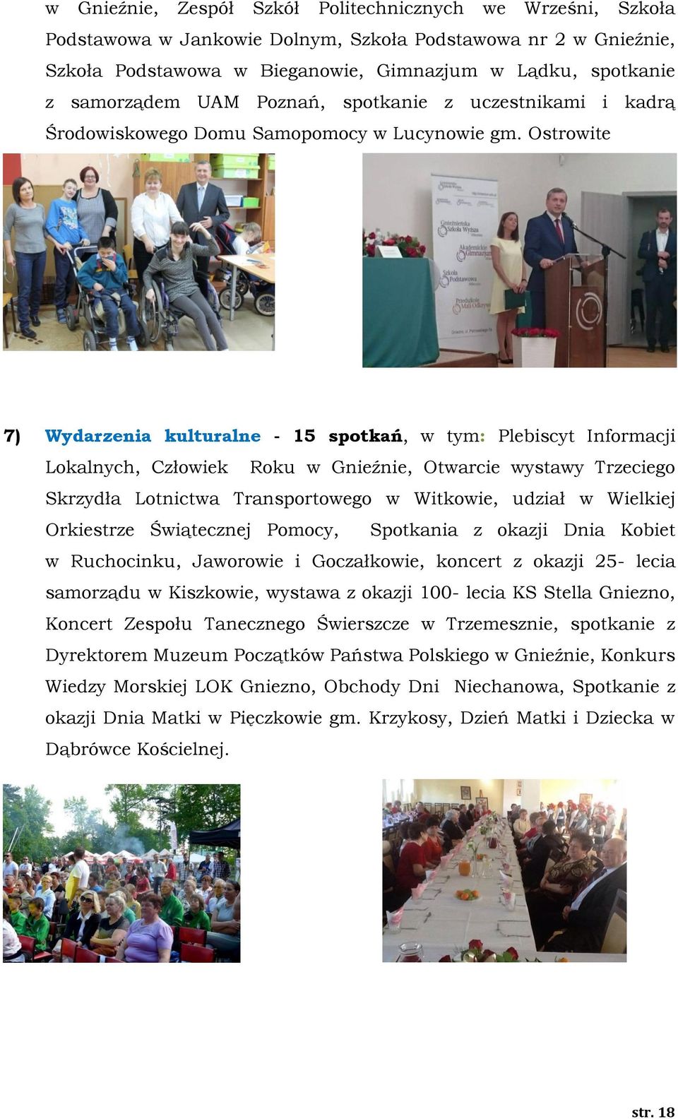 Ostrowite 7) Wydarzenia kulturalne - 15 spotkań, w tym: Plebiscyt Informacji Lokalnych, Człowiek Roku w Gnieźnie, Otwarcie wystawy Trzeciego Skrzydła Lotnictwa Transportowego w Witkowie, udział w