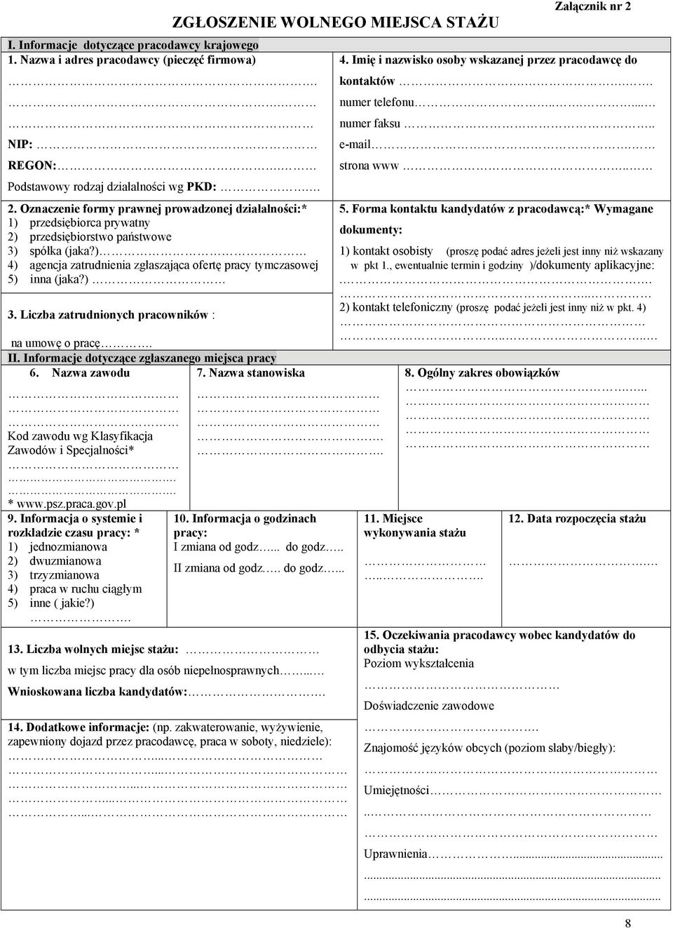 ) 4) agencja zatrudnienia zgłaszająca ofertę pracy tymczasowej 5) inna (jaka?) 3. Liczba zatrudnionych pracowników : na umowę o pracę. II. Informacje dotyczące zgłaszanego miejsca pracy 6.