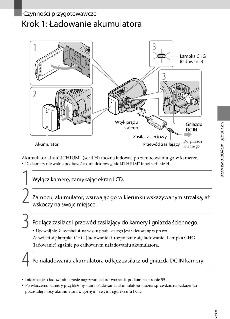 2 Zamocuj akumulator, wsuwając go w kierunku wskazywanym strzałką, aż wskoczy na swoje miejsce. 3 Podłącz zasilacz i przewód zasilający do kamery i gniazda ściennego.