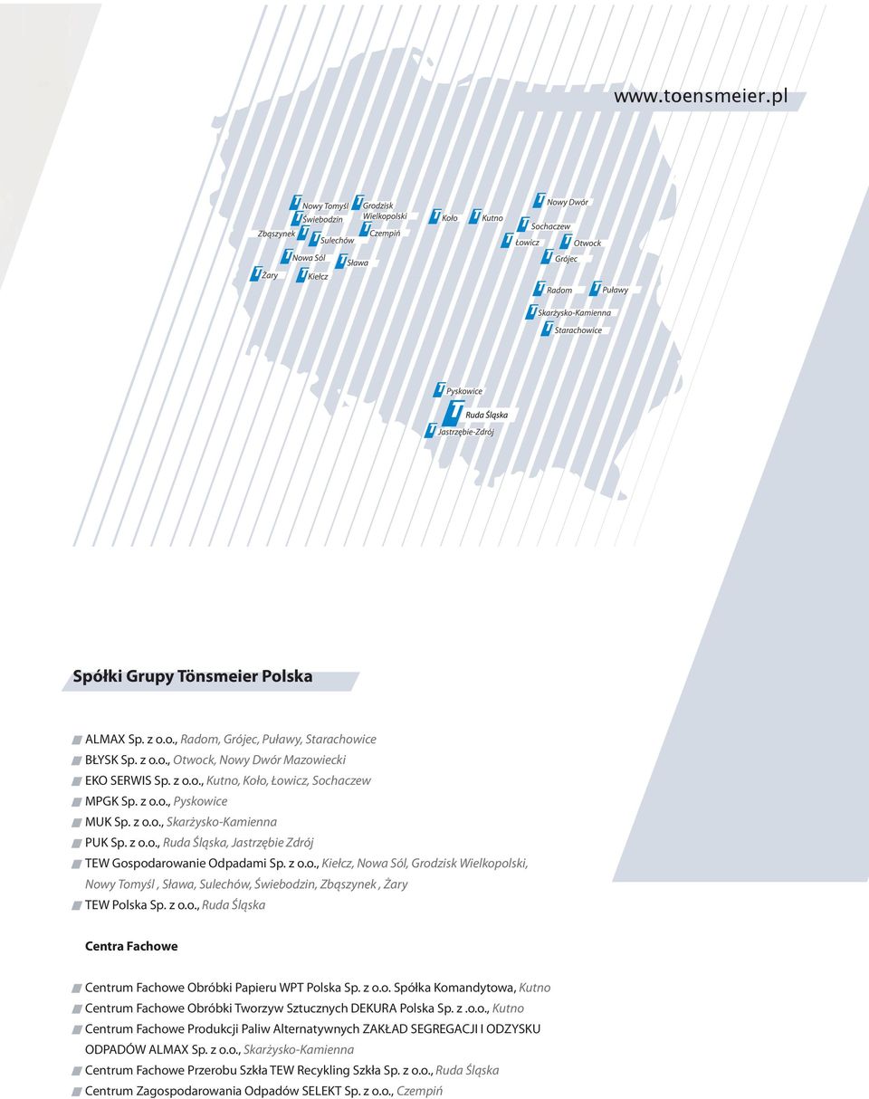 z o.o., Ruda Śląska Centra Fachowe Centrum Fachowe Obróbki Papieru WPT Polska Sp. z o.o. Spółka Komandytowa, Kutno Centrum Fachowe Obróbki Tworzyw Sztucznych DEKURA Polska Sp. z.o.o., Kutno Centrum Fachowe Produkcji Paliw Alternatywnych ZAKŁAD SEGREGACJI I ODZYSKU ODPADÓW ALMAX Sp.