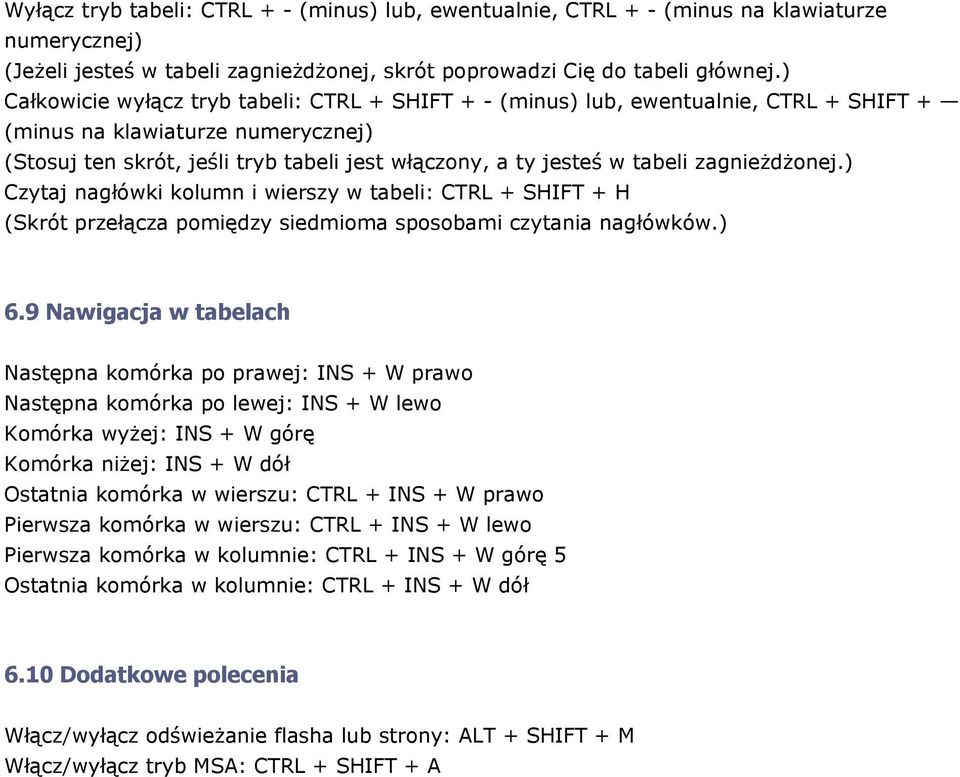 ) Czytaj nagłówki klumn i wierszy w tabeli: CTRL + SHIFT + H (Skrót przełącza pmiędzy siedmima spsbami czytania nagłówków.) 6.