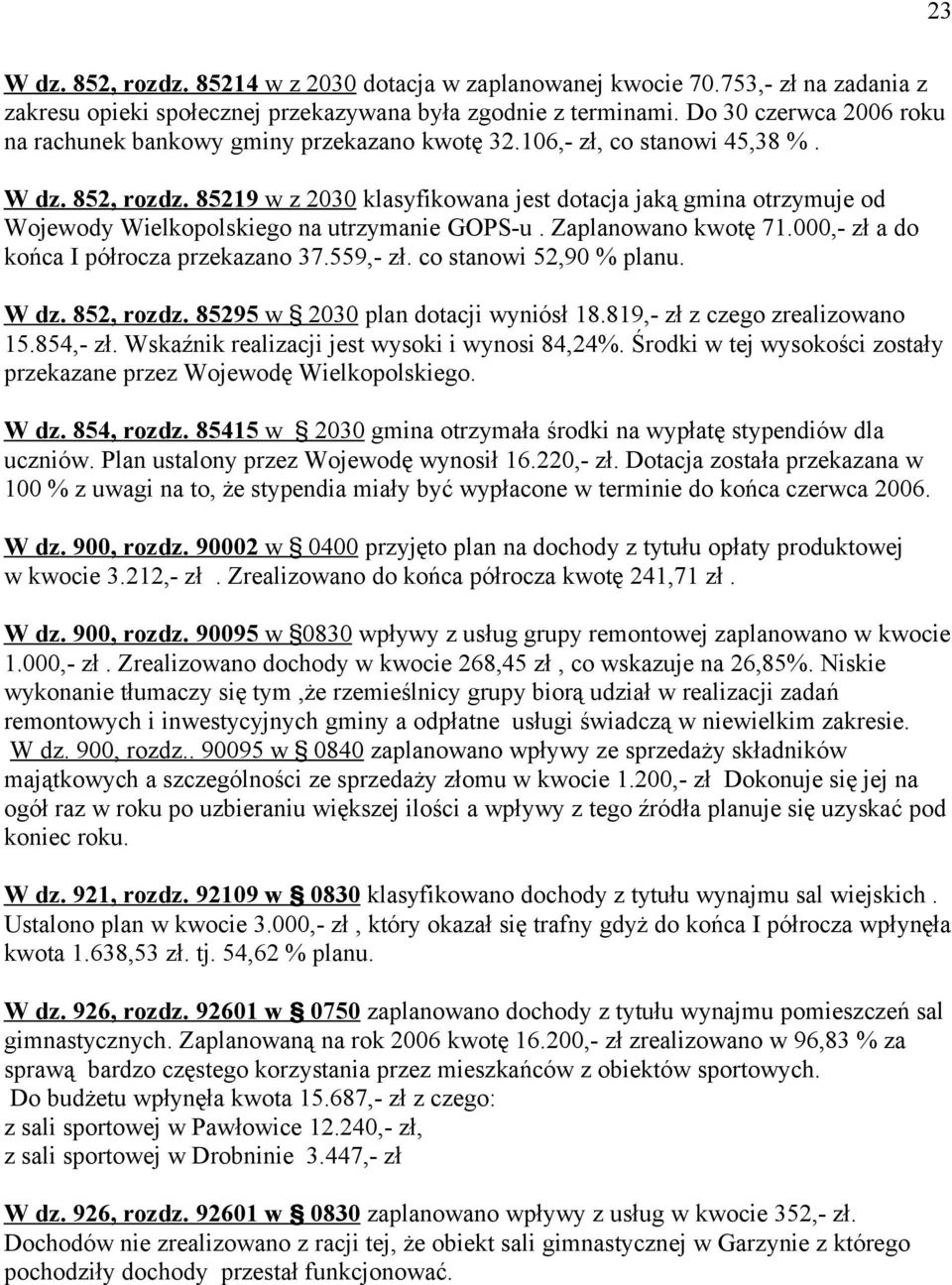 85219 w z 2030 klasyfikowana jest dotacja jaką gmina otrzymuje od Wojewody Wielkopolskiego na utrzymanie GOPS-u. Zaplanowano kwotę 71.000,- zł a do końca I półrocza przekazano 37.559,- zł.