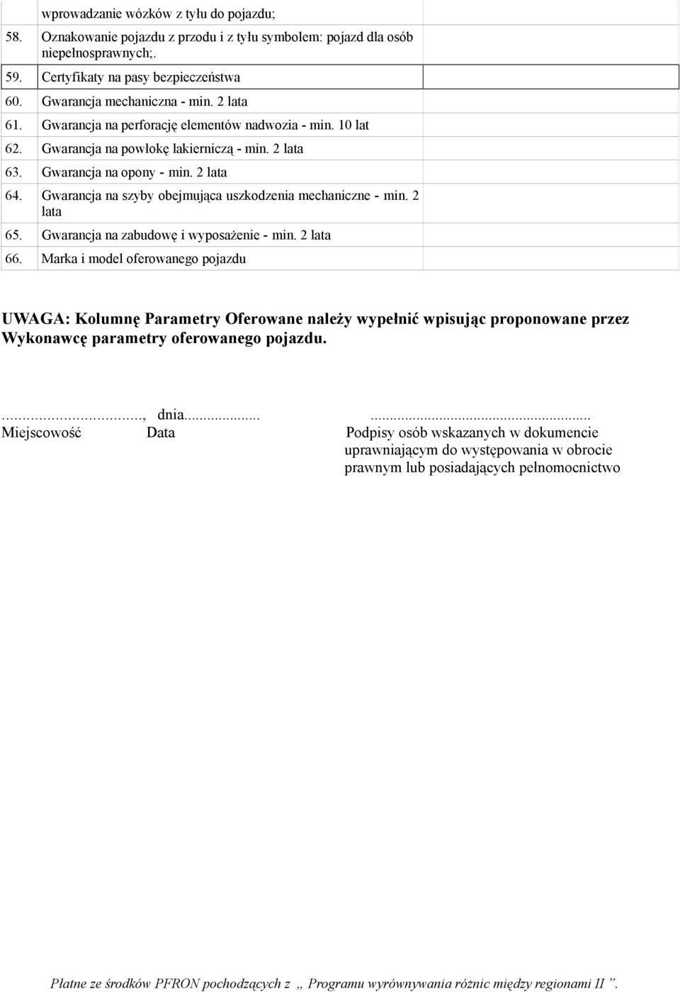 Gwarancja na szyby obejmująca uszkodzenia mechaniczne - min. 2 lata 65. Gwarancja na zabudowę i wyposażenie - min. 2 lata 66.