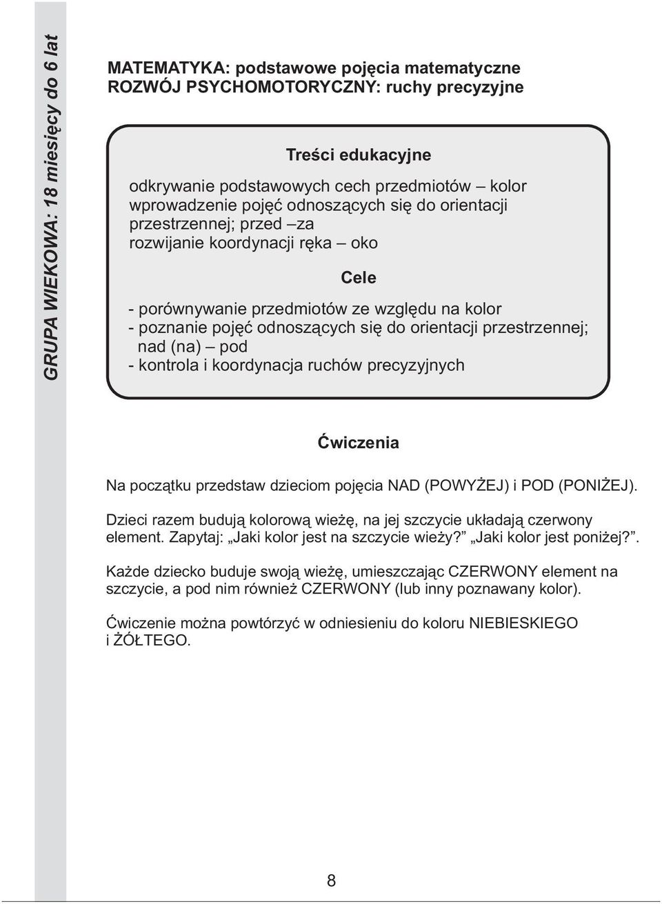 NAD (POWYŻEJ) i POD (PONIŻEJ). Dzieci razem budują kolorową wieżę, na jej szczycie układają czerwony element. Zapytaj: Jaki kolor jest na szczycie wieży? Jaki kolor jest poniżej?