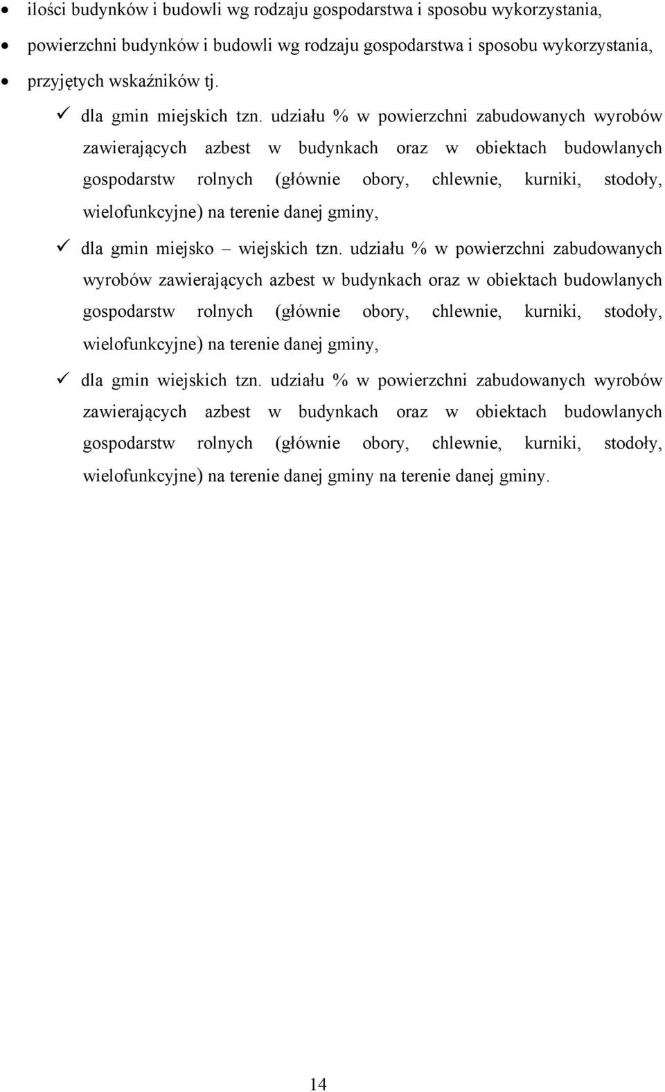 udziału % w powierzchni zabudowanych wyrobów zawierających azbest w budynkach oraz w obiektach budowlanych gospodarstw rolnych (głównie obory, chlewnie, kurniki, stodoły, wielofunkcyjne) na terenie