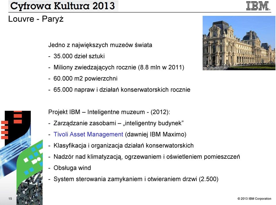 000 napraw i działań konserwatorskich rocznie Projekt IBM Inteligentne muzeum - (2012): - Zarządzanie zasobami inteligentny budynek