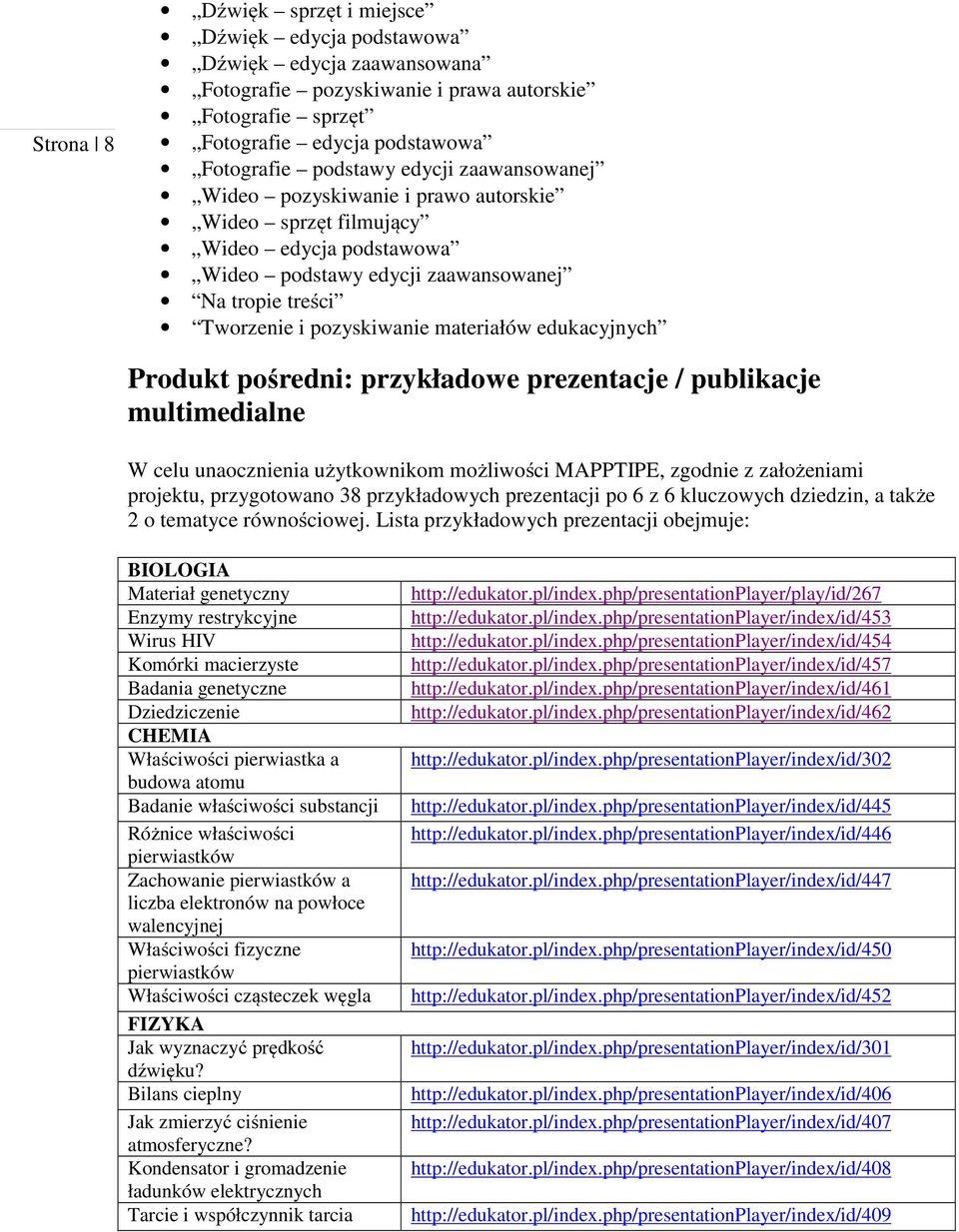 edukacyjnych Produkt pośredni: przykładowe prezentacje / publikacje multimedialne W celu unaocznienia użytkownikom możliwości MAPPTIPE, zgodnie z założeniami projektu, przygotowano 38 przykładowych