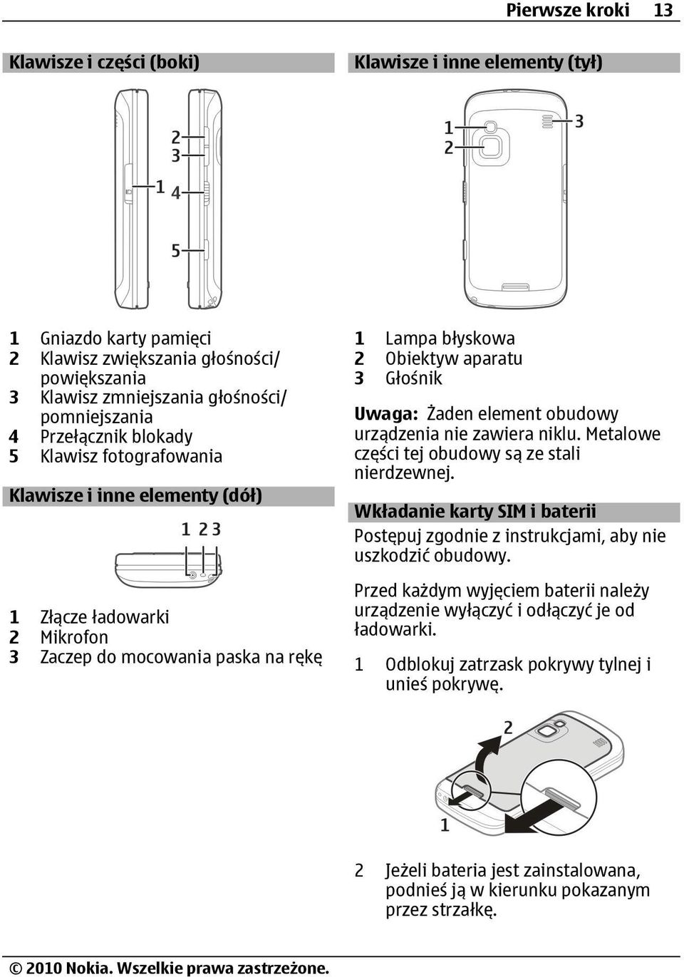 Żaden element obudowy urządzenia nie zawiera niklu. Metalowe części tej obudowy są ze stali nierdzewnej. Wkładanie karty SIM i baterii Postępuj zgodnie z instrukcjami, aby nie uszkodzić obudowy.