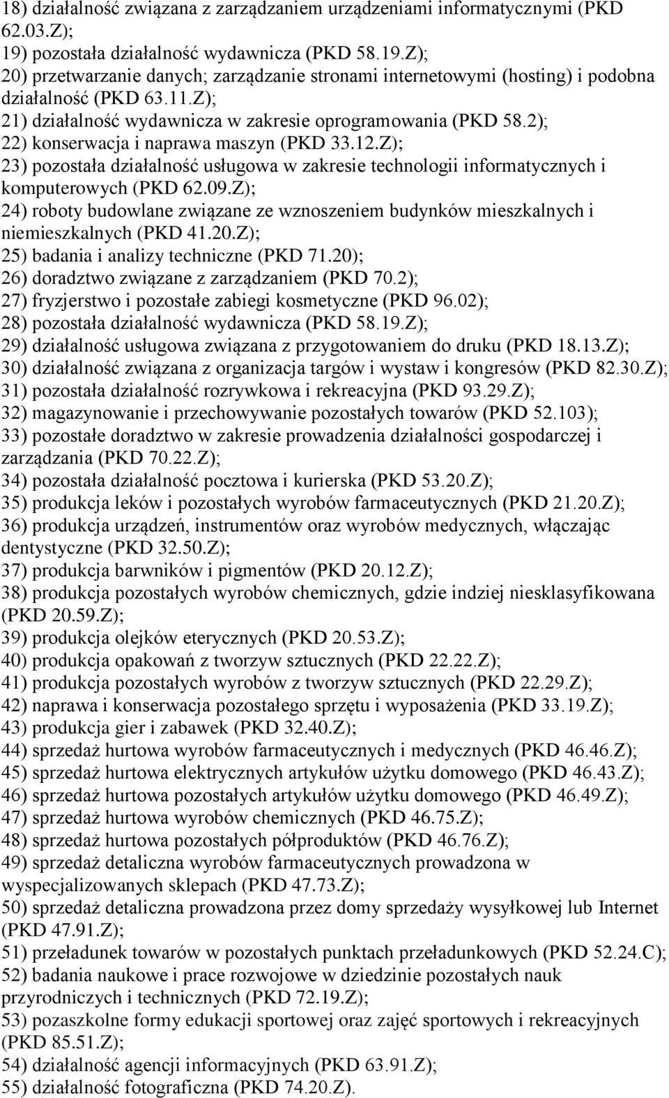 Z); 23) pozostała działalność usługowa w zakresie technologii informatycznych i komputerowych (PKD 62.09.