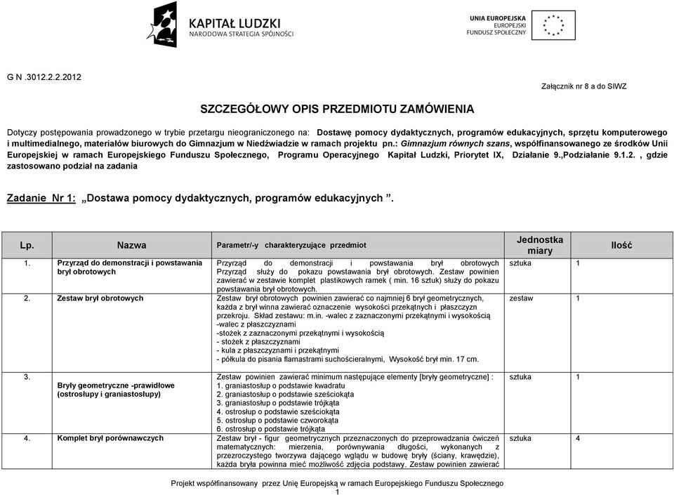 edukacyjnych, sprzętu komputerowego i multimedialnego, materiałów biurowych do Gimnazjum w Niedźwiadzie w ramach projektu pn.