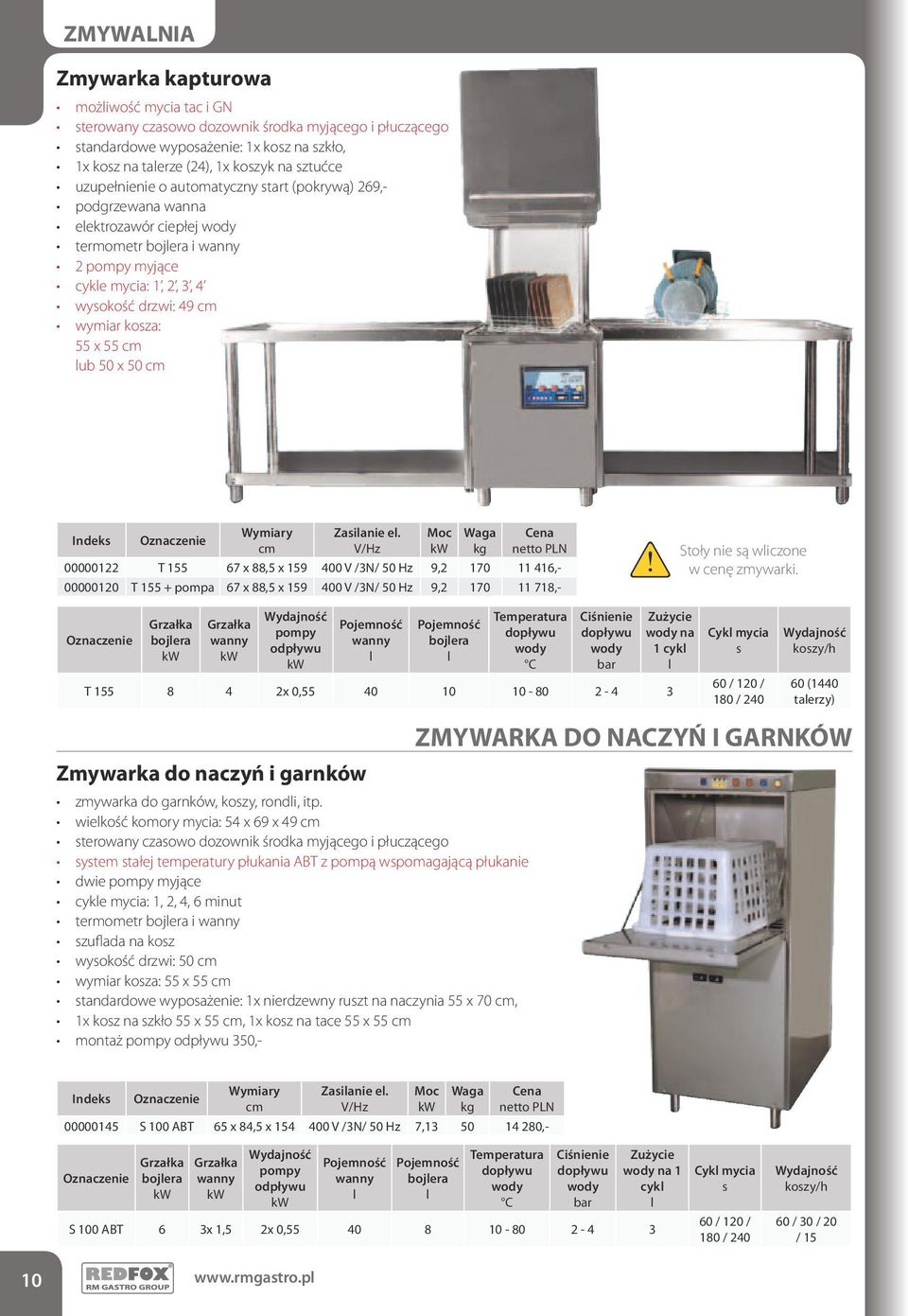 50 x 50 Waga kg 00000122 T 155 67 x 88,5 x 159 400 V /3N/ 50 Hz 9,2 170 11 416,- 00000120 T 155 + pompa 67 x 88,5 x 159 400 V /3N/ 50 Hz 9,2 170 11 718,- Stoły nie są wiczone w cenę zmywarki.