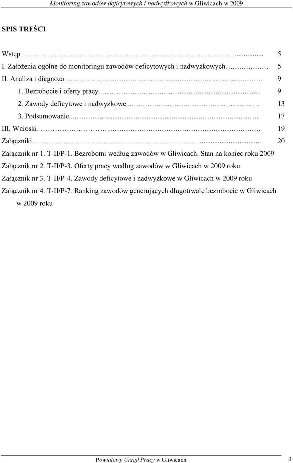 Bezrobotni według zawodów w Gliwicach. Stan na oniec rou 2009 Załączni nr 2. T-/P-3. Oferty pracy według zawodów w Gliwicach w 2009 rou Załączni nr 3. T-/P-4.