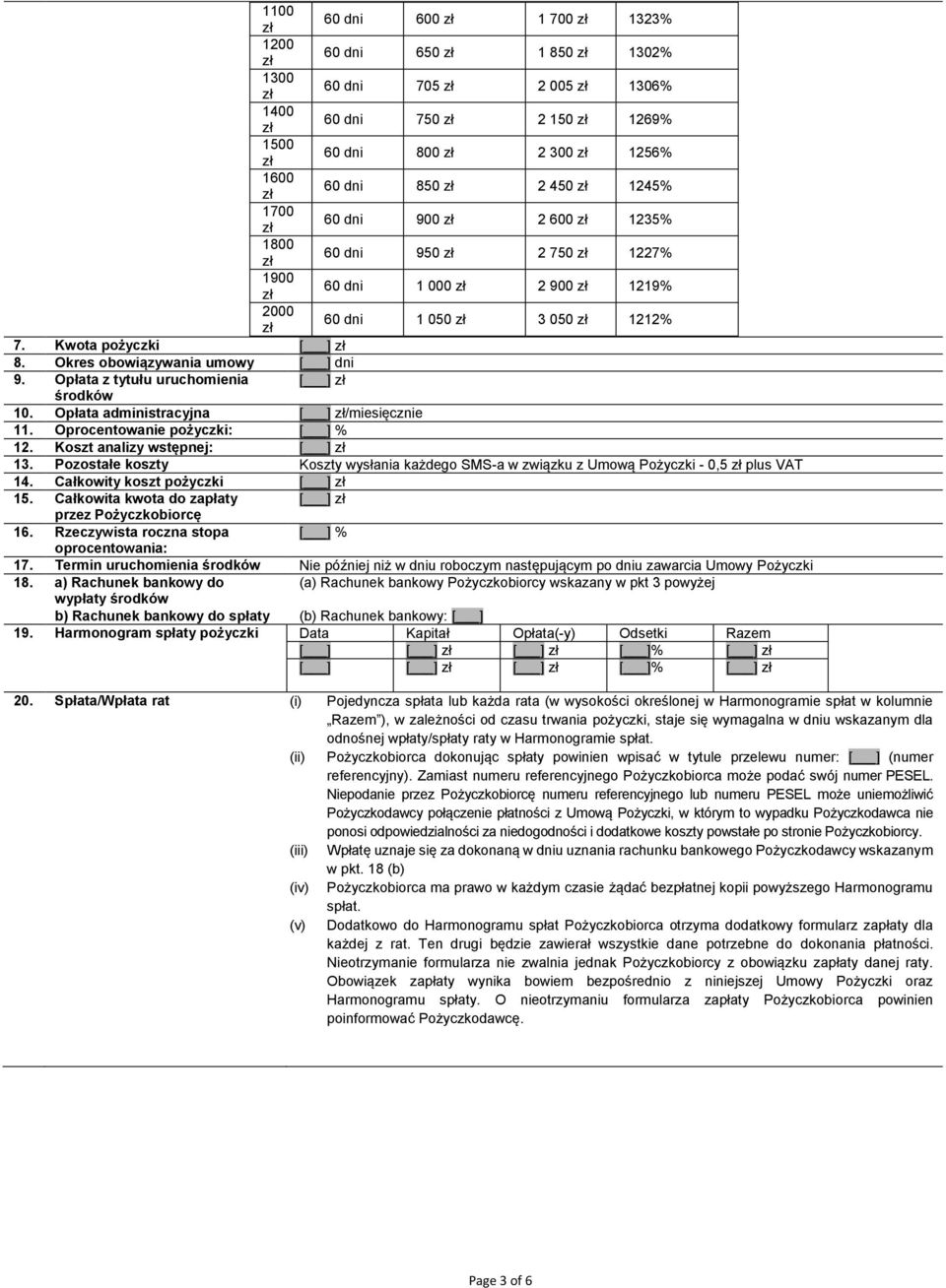 Opłata administracyjna [ ] /miesięcznie 11. Oprocentowanie pożyczki: [ ] % 12. Koszt analizy wstępnej: [ ] 13.