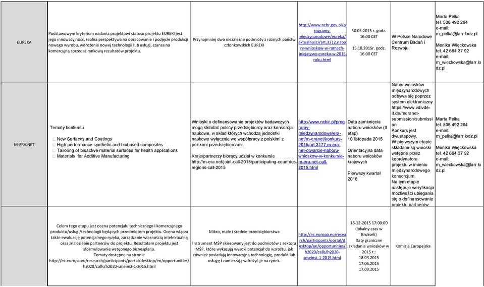 Przynajmniej dwa niezależne podmioty z różnych państw członkowskich EUREKI rogramymiedzynarodowe/eureka/ aktualnosci/art,3212,nabo ry-wnioskow-w-ramach- inicjatywy-eureka-w-2015- roku.html 30.05.