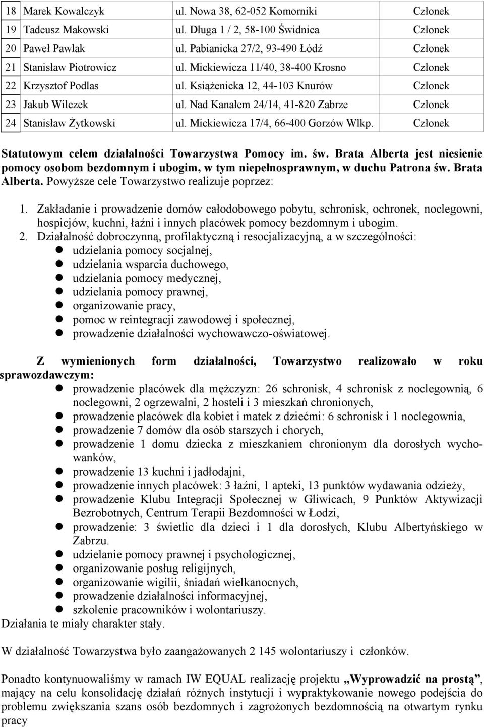 Nad Kanałem 24/14, 41-820 Zabrze Członek 24 Stanisław Żytkowski ul. Mickiewicza 17/4, 66-400 Gorzów Wlkp. Członek Statutowym celem działalności Towarzystwa Pomocy im. św.